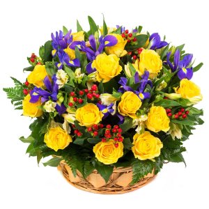 Košík žlutých růží a iris